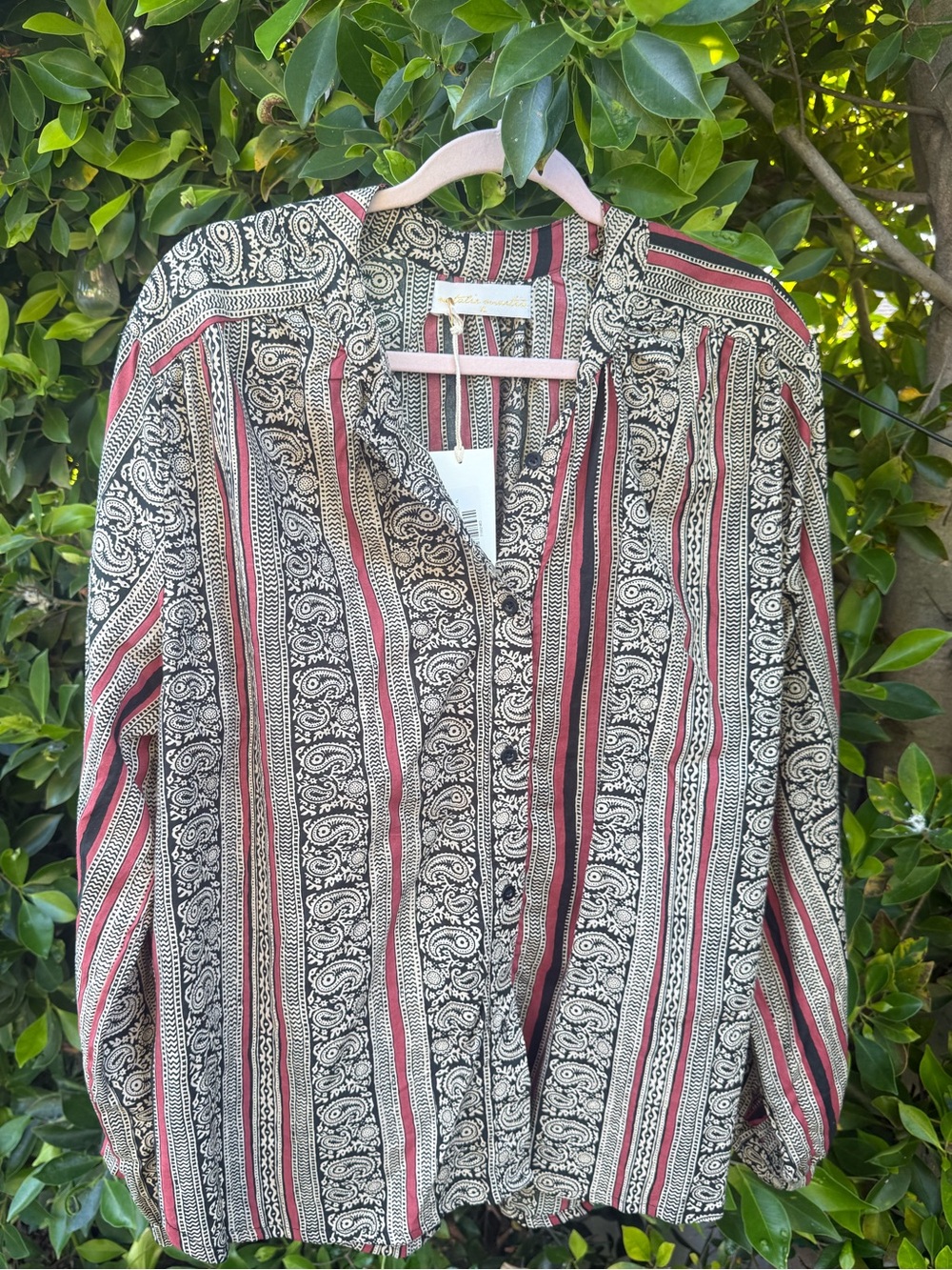 Natalie Martin Boho Striped Paisley Button-Front Women's Top in Red and Black